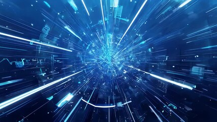 Blue, abstract tunnel with geometric patterns and radiating light lines converges toward a bright center point - Powered by Adobe