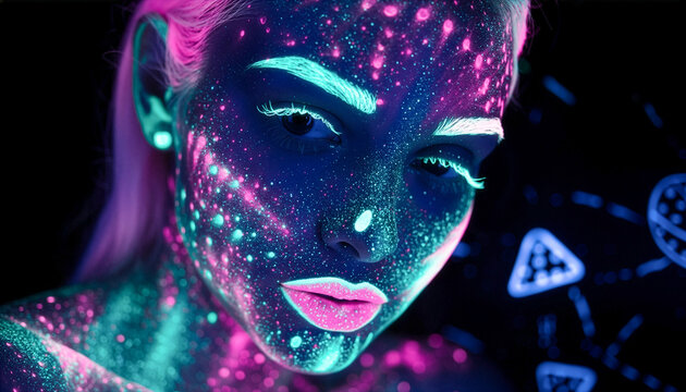 Woman's Face with Fluorescent Neon Makeup Under Blacklight