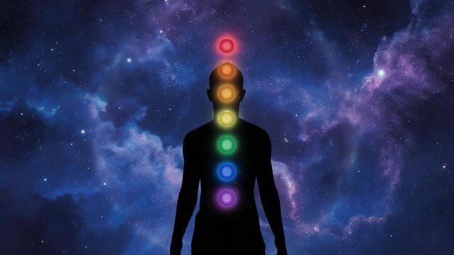 Chakra Alignment: Silhouette with Cosmic Energy Flow and Spiritual Balance