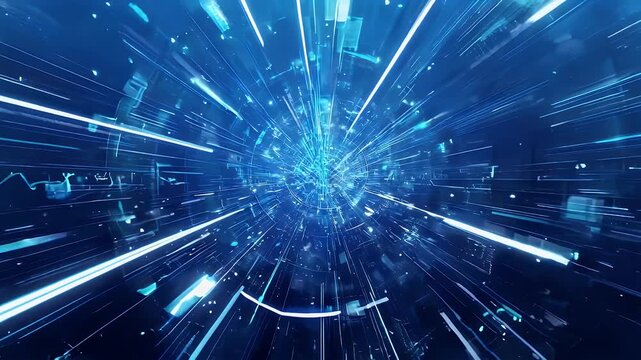 Blue, abstract tunnel with geometric patterns and radiating light lines converges toward a bright center point - Powered by Adobe