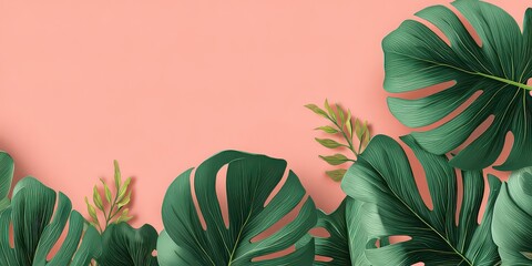 Digital illustration of green leaves with white speckles set against a peach backdrop creating a tropical nature theme