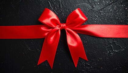 A vibrant red satin ribbon tied into a perfect bow, elegantly draped across a dark textured background, signifying celebration and gifting