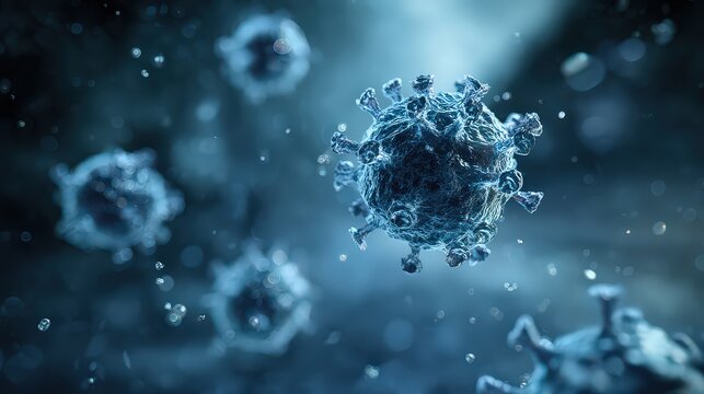 Microscopic View Of Pathogenic Virus Particles Floating In A Dark Blue Environment