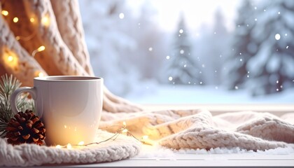 Cozy Winter Scene A Cup of Warmth by the Snowy Window