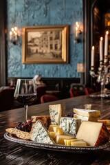 Elegant Cheese Platter with Red Wine Glass on Wooden Table in Classic Interior