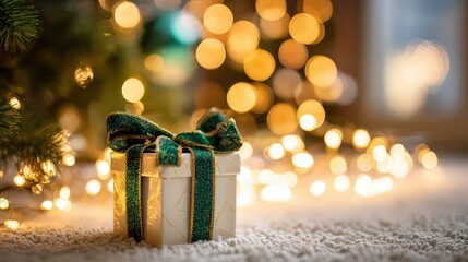 Elegant Gift Box with Emerald Ribbon Under Christmas Tree with Warm Bokeh Lights Background for Holiday Celebration Atmosphere