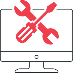 Red Screwdriver and Wrench Icon Overlined Computer Monitor Displaying Technical Support and Computer Repair Service With Transparent Background And Outline Design