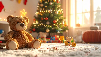 A beloved teddy bear waits patiently on a soft carpet, with a magical, illuminated Christmas tree creating a warm holiday glow