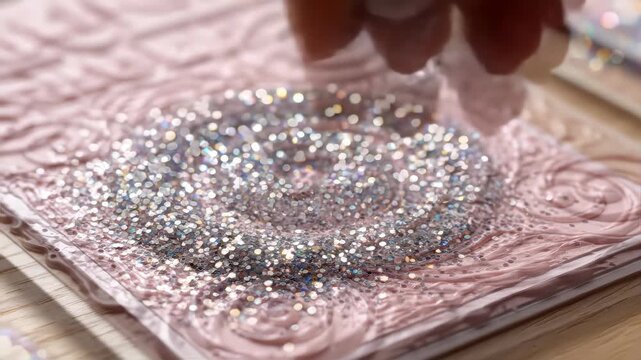 Closeup medium shot of glitter embellishments being sprinkled onto a greeting card capturing sparkling textures and intricate decorative details.