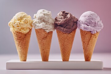 Four Ice Cream Cones with Different Flavors Creamy Scoops on a White Stand Against a Light Background Delicious Frozen Dessert Sweet Treat Cold Refreshment