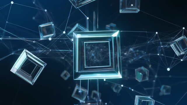 3D visual representation of blockchain technology or decentralized data network.&nbsp;Glowing transparent glass cubes interconnected in a futuristic grid structure on a bi backgroundd