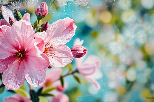 Pink cherry blossoms in full bloom, framed by dew-drenched leaves against a dreamy blue bokeh background  capturing springs delicate beauty through a rain-splashed windowpane effect.