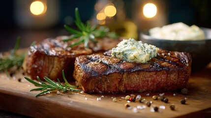 Grilled Steak Served With Butter Rosemary Pepper And Mashed Potatoes On Wooden Board