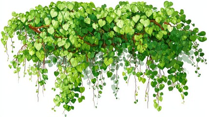 Green Vine Branch with Lush Foliage and Shadow against White Background