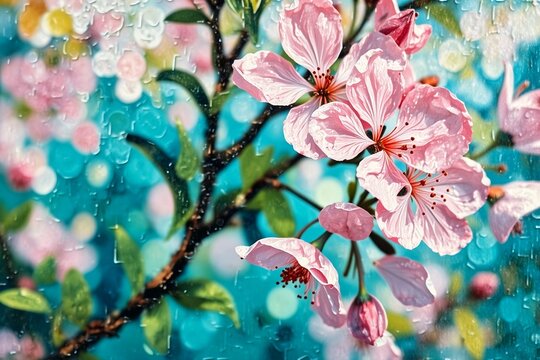 Pink cherry blossoms in full bloom, framed by dew-drenched leaves against a dreamy blue bokeh background  capturing springs delicate beauty through a rain-splashed windowpane effect. - Powered by Adobe