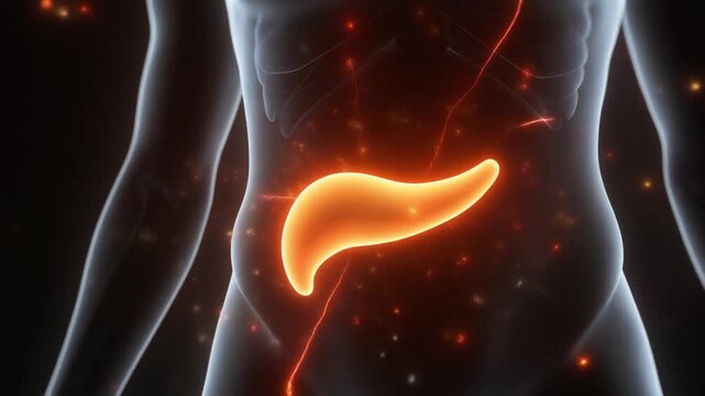 Animated pancreas in human body shows digestive anatomy, health concept, medical education video