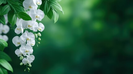 Elegant White Orchids with Lush Green Leaves on a Soft Blurred Background