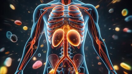 Animated human anatomy with glowing organs and floating cells makes science and medicine engaging - Powered by Adobe