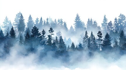 Misty Forest with Pine Trees in Blues and Greens Watercolor Style Graphic Resource Design for Nature Backgrounds and Wallpaper or Print Designs