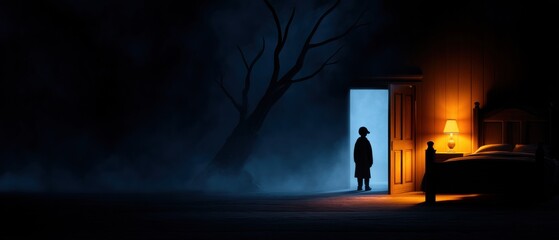 Obraz premium Child Silhouette in Doorway Between Warm Room and Mysterious Dark Night
