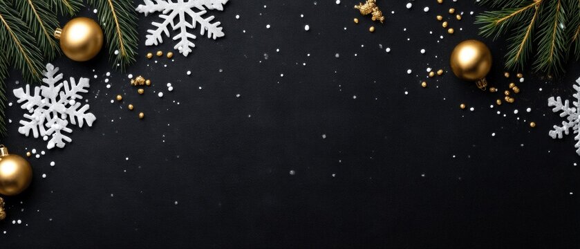 Elegant Christmas Background with Golden Baubles, Snowflakes and Fir Branches on Black