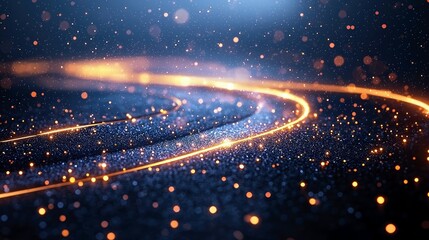 Obraz premium Abstract background with glowing golden lines and shimmering bokeh particles on a dark blue textured surface.