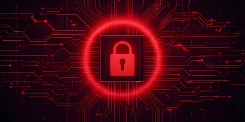 Red padlock icon on digital circuit background, symbolizing cybersecurity and data protection.