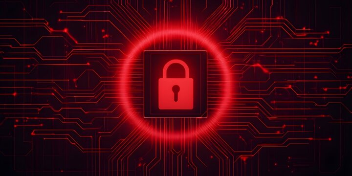 Red padlock icon on digital circuit background, symbolizing cybersecurity and data protection.