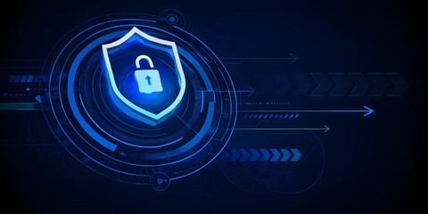 Shield with padlock icon on glowing digital interface, representing cybersecurity and data encryption