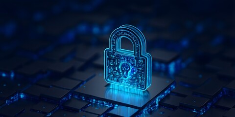 Glowing blue padlock on digital circuit board, symbolizing encryption and secure technology systems