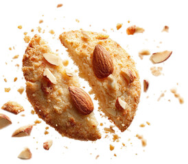 Broken almond cookie with almond slivers, dark background