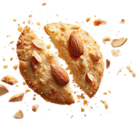 Broken almond cookie with almond slivers, dark background
