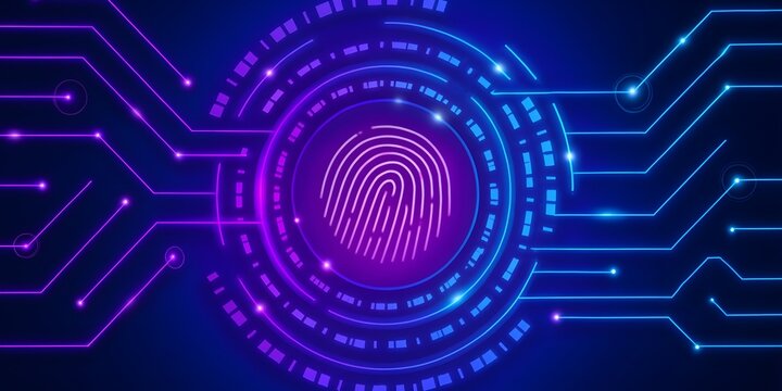 Digital fingerprint with circuit lines and concentric patterns, symbolizing biometric security and digital identity - Powered by Adobe