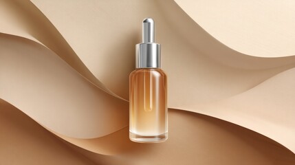 Serum dropper bottle atop wavy beige backdrop