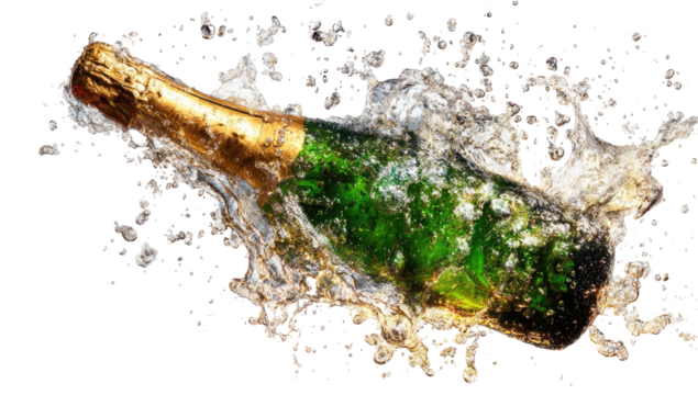 Sparkling bottle enveloped in splashing liquid