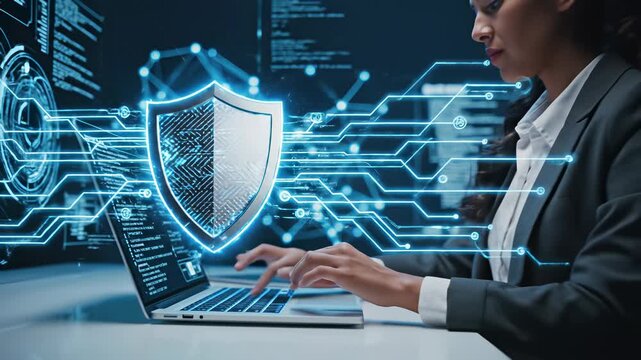 A professional woman in business attire focuses intensely on her laptop screen displaying security symbols and a shield, perfectly capturing the concept of cyber security and conveying a sense.