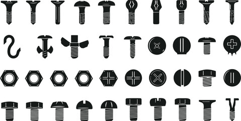 Collection of screw, bolt, and nut silhouettes, various hardware fasteners, industrial tool icons, construction components, mechanical parts, isolated black designs