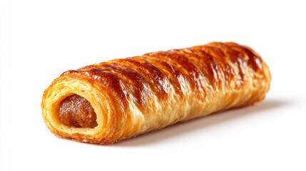 Golden, flaky pastry roll with a meaty filling on a white surface