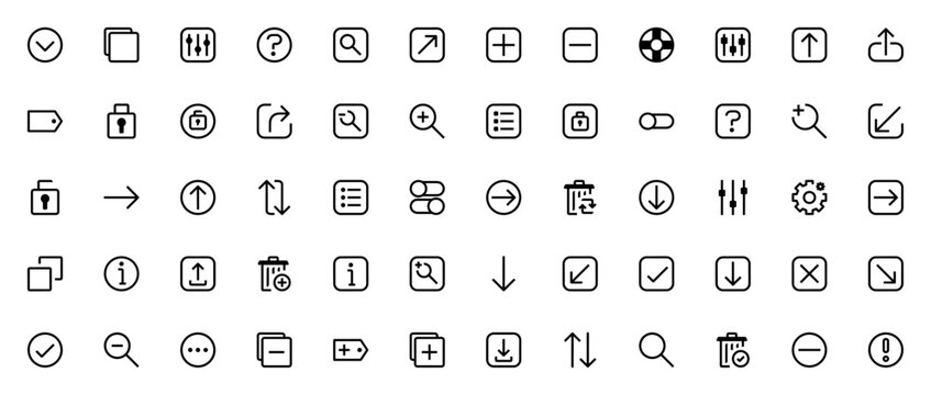 Essential_8107 icon set. Minimal vector line icons pck. Includes symbols for arow, copy, search, lock, tash, download, settings, wrning and more. Editable sroke.