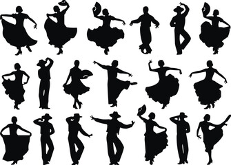 Silhouettes of traditional dancers performing expressive dance poses, cultural movement collection, artistic black figures isolated for design, celebration, 