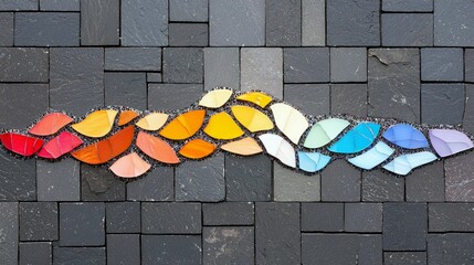A horizontal mosaic featuring a wavy line of colorful, leaf-shaped tiles set against a background of dark, rectangular stone blocks.