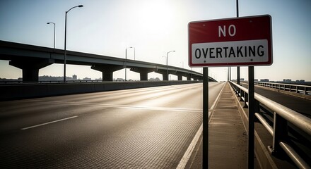 A Bridge With A No Overtaking Sign At Sunset, Showing Prohibition On The Road