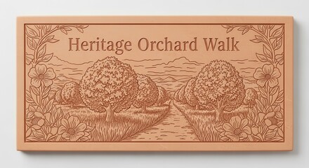 Fototapeta premium A Carved Sign Depicting Heritage Orchard Walk, Displaying Beautiful Landscape