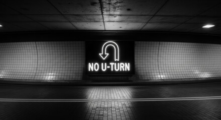 A Dramatic Black And White Image of A Neon No U-Turn Sign in a Tunnel
