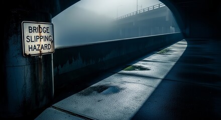 A Foggy Day at a Bridge with a Slippery Warning Sign Indicating Caution