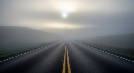 A Foggy Road Leading Into the Atmospheric Light and Mystery in a Scenic Landscape