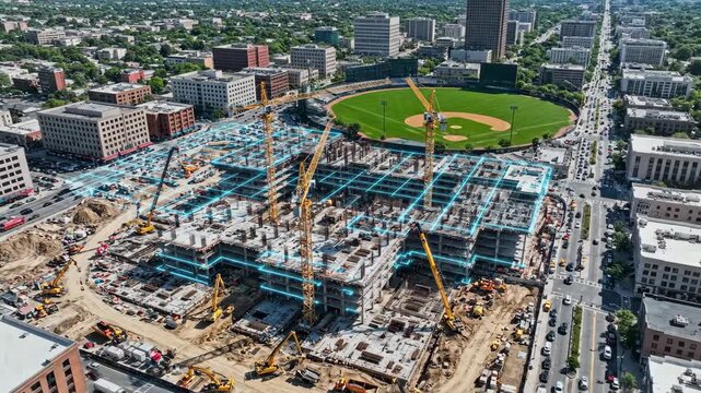 A 4k aerial view showcases ongoing construction with cranes erecting steel structures near a baseball field, in a cityscape bathed in bright daylight under a blue sky.