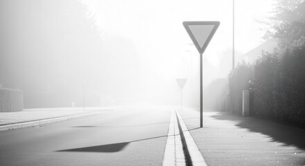 A Foggy Yield Sign on a Roadway Amidst Dense Mist Monochrome Photography