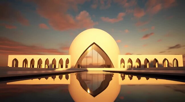 Architectural Harmony and Serene Reflections Modern Mosque Design at Sunset Showcasing Tranquility