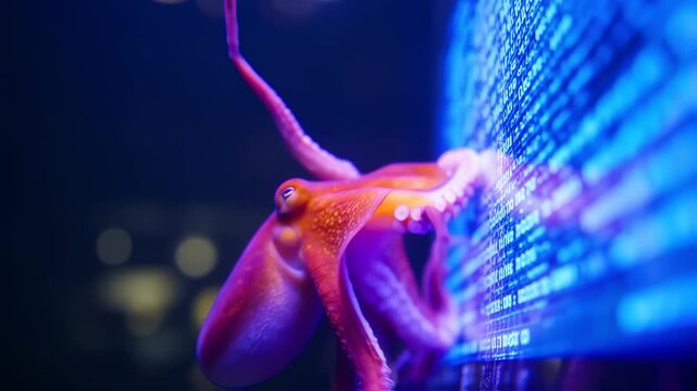 A vibrant octopus with red and orange hues examines a glowing blue surface filled with code